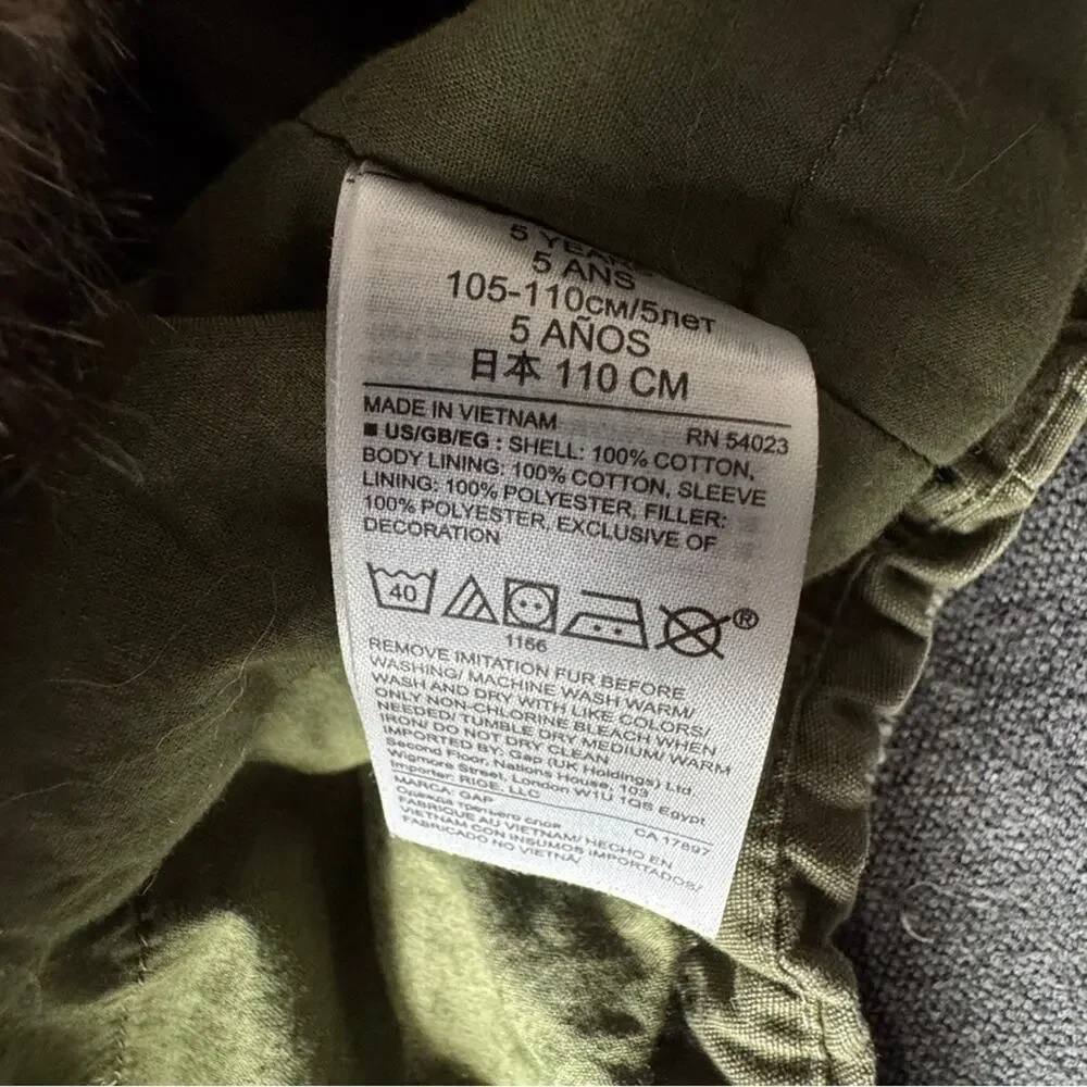 Gap Kids’ 3 in 1 Army Green Hooded Parka Jacket Faux Fur Liner Hood Trim Size 5